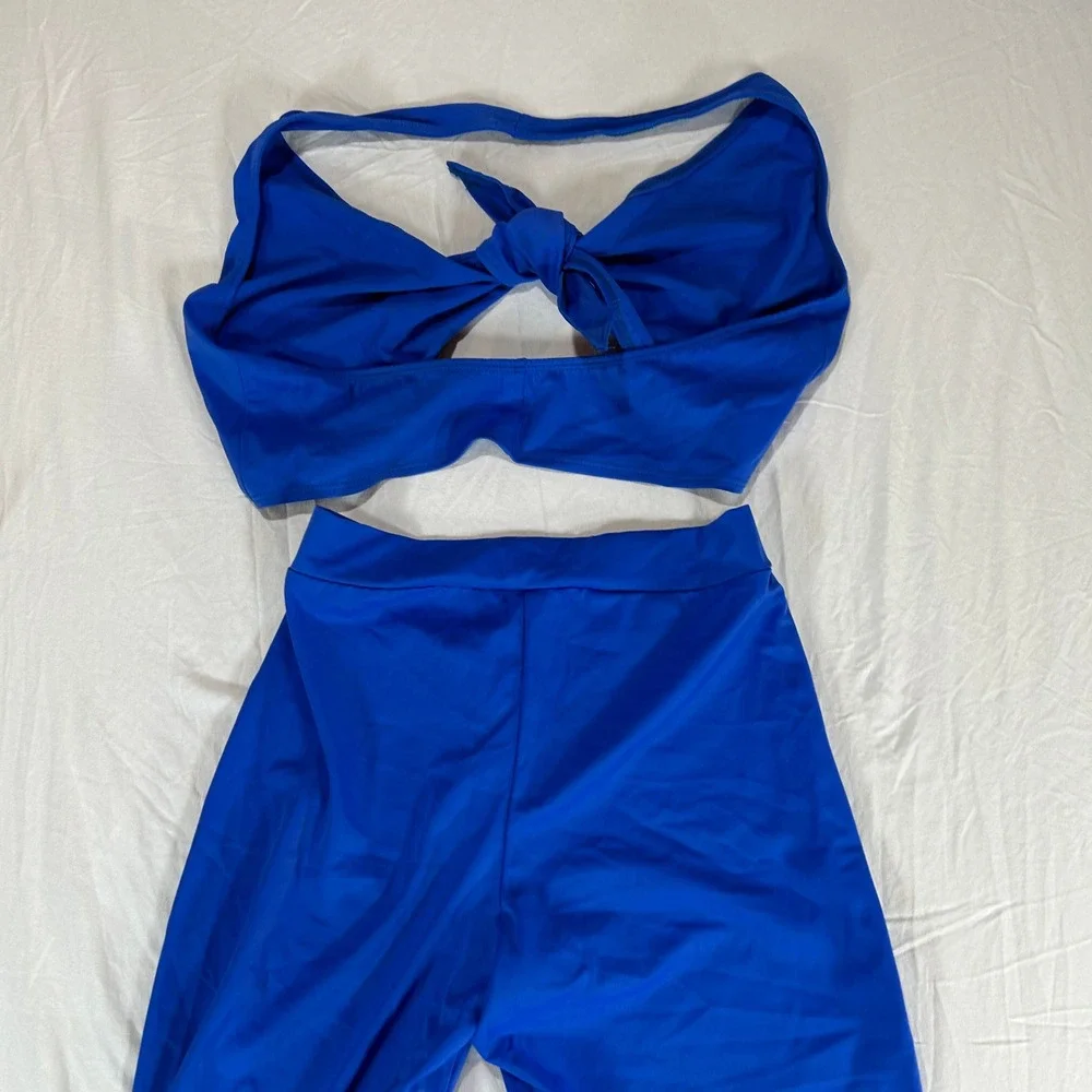 Zuliana Vintage Royal Blue 2 Piece Set Halter Tie Top Flare Pants Medium USA